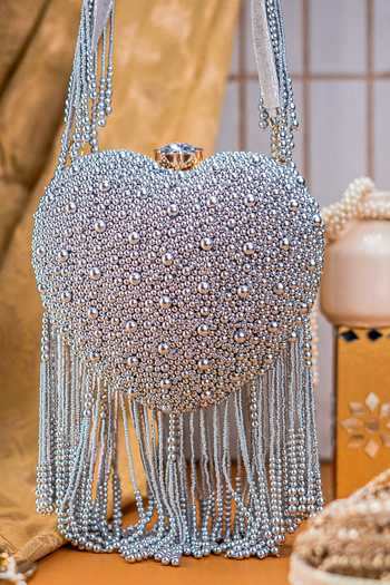NR By Nidhi Rathi Beaded Heart Shaped Clutch with Tassels 