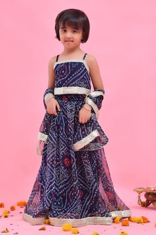 Bannhi By Priyanka Rathore Navy Blue Bandhej Print Lehenga Set 