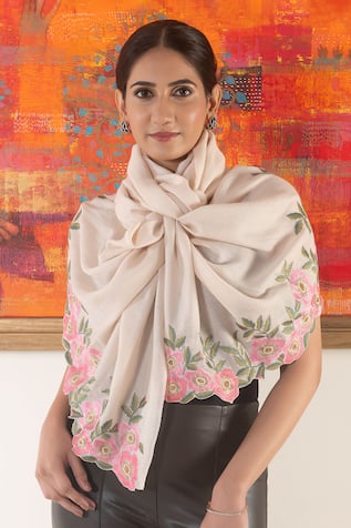 Mauli Cashmere Blush Petal Floral Embroidered Stole 