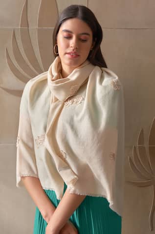 Mauli Cashmere Flower Shower Flower Embroidered Wool Silk Stole 