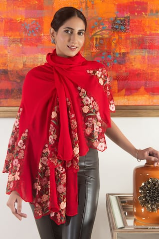 Mauli Cashmere Rose Blossom Flounce Rose Blossom Embroidered Flounce Stole 