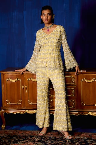 Mani Bhatia Sia Sequins & Cutdana Embroidered Jacket Pant Set 