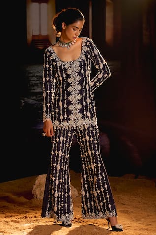 Mani Bhatia Zuri Embroidered Dupione Silk Jacket & Pant Set 