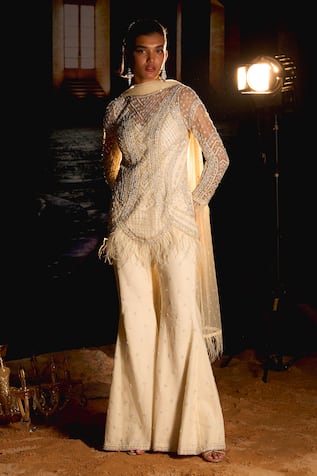 Mani Bhatia Fleur Embroidered Kurta, Palazzo & Dupatta Set 