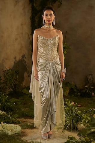 Parul Gandhi Lunaria Embellished Corset & Drape Skirt Set 