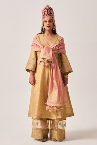 Wabi Sabi By Anshum-Ritesh Golden Bloom Chanderi Angrakha Anarkali, Pant & Dupatta Set 