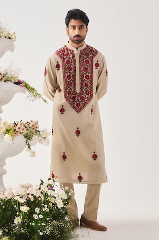Wabi Sabi By Anshum-Ritesh Crimson Bloom Chanderi Embroidered Kurta & Pyjama Set 
