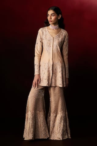Aanchal Vijaywargi Sand Chanderi Embroidered Peplum Top With Palazzo 
