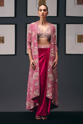 Sana Barreja Self Potrait Embroidered Jacket Draped Skirt Set 