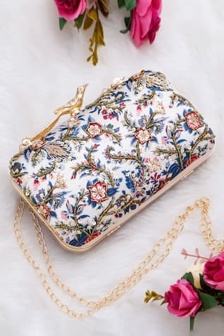 Nazaakat By Samara Singh Floral Sequin Embroidered Clutch with Bird Motif 