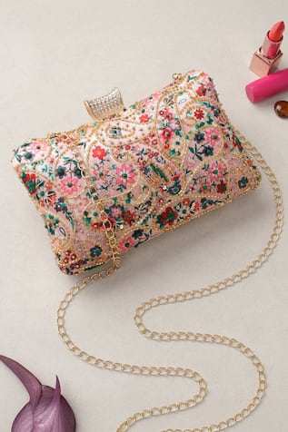 Nazaakat By Samara Singh Floral Embroidered Clutch with Sling Chain 