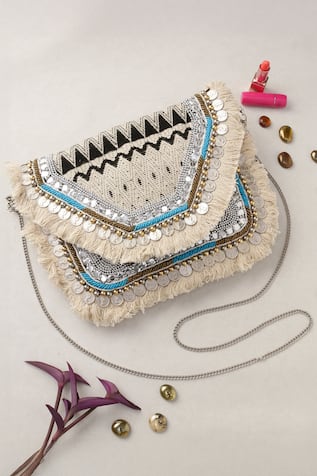 Nazaakat By Samara Singh Geometric Pattern Coin & Fringe Boho Bag 