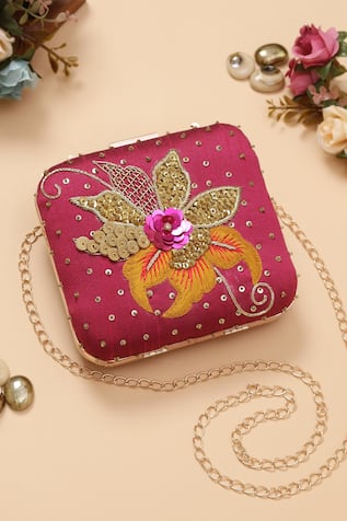 Nazaakat By Samara Singh Floral Sequin & Thread Embroidered Clutch 