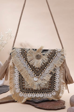 Nazaakat By Samara Singh Coin & Beaded Fringe Boho Bag 