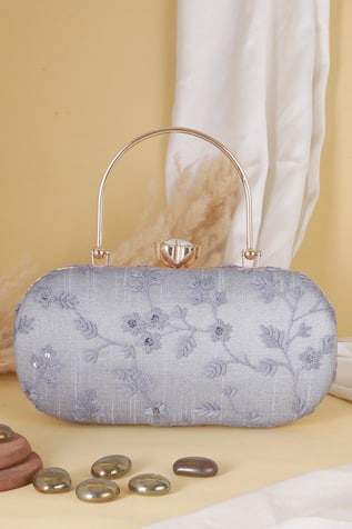 Nazaakat By Samara Singh Floral Embroidered Oval Clutch With Handle 