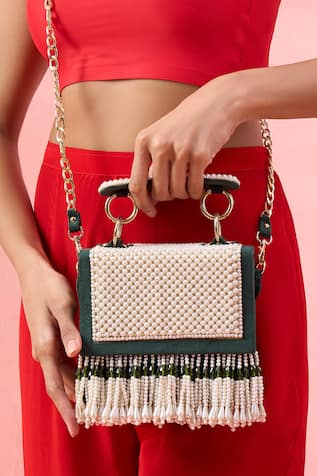 The Purple Sack Pearl & Bead Embellished Fringe Clutch Bag 