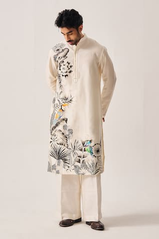 Wabi Sabi By Anshum-Ritesh Monochrome Garden Chanderi Bird & Floral Print Kurta Set 