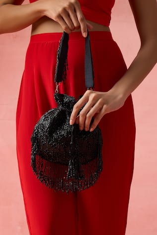 The Purple Sack Beaded Fringe Drawstring Potli Bag 