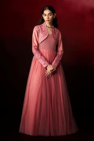 Aanchal Vijaywargi Dusty Rose Gown With Embroidered Jacket 