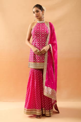 Gopi Vaid Geometric Embroidered Halter Kurta Sharara Set 