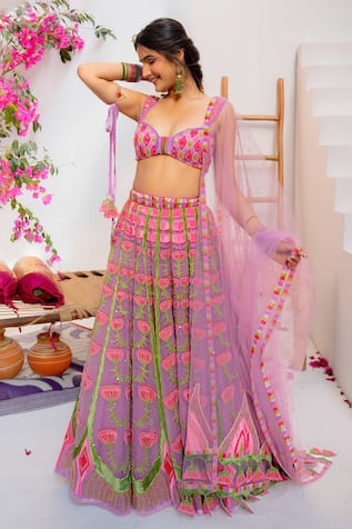 Tuhina Srivastava Lilac Velvet Organza Patchwork Lehenga Set 