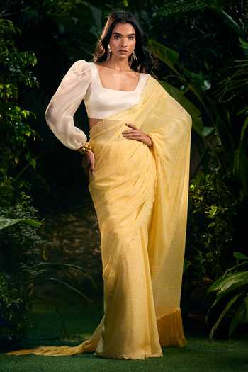 Aza X Shilpa Shetty Kundra Animal Swirl Print Yellow Saree With Puff Sleeve Blouse 