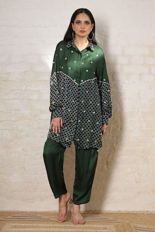 Sheeshakari Ajrakh Hand Print & Embroidered Shirt Pant Set 