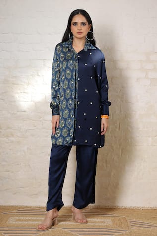 Sheeshakari Ajrakh Hand Print & Embroidered Pant Co-ord Set 