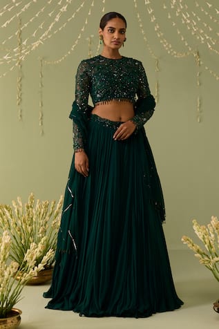 Meesa Green Embroidered Lehenga Set 