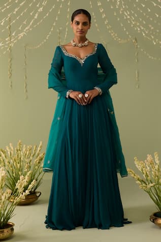 Meesa Embroidered Neck Anarkali With Dupatta 