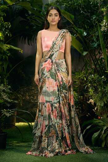 Aza X Shilpa Shetty Kundra Botanical Print Pre-Draped Layered Saree With Blouse 