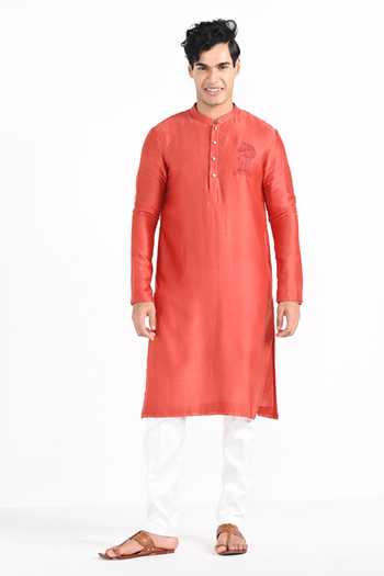 Kalpana Naik Tangy Orange Chanderi Hand Embroidered Kurta Set 
