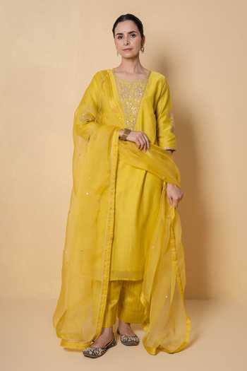 Kameez Bright Amber Marori Work Chanderi Kurta Set 