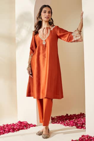 Mushio Orange Embroidered Chanderi Svara Kurta 