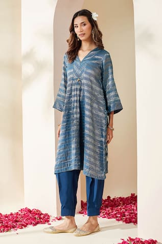 Mushio Dark Blue Zari Stripe Embellished Pranita Kurta 