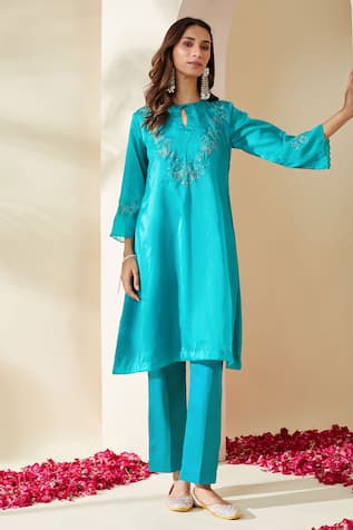 Mushio Turquoise Embroidered Organza Ruksaar Kurta 