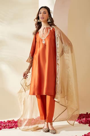 Mushio Orange Embroidered Chanderi Svara Kurta Set 