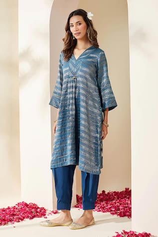 Mushio Blue Zari Stripe Embellished Pranita Kurta & Pant Set 