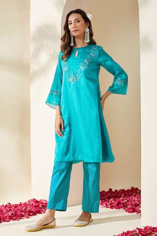 Mushio Turquoise Embroidered Organza Ruksaar Kurta & Pant Set 