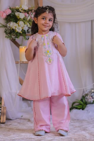 Lil Angels Pink Sequin Embroidered Kurta With Palazzo 
