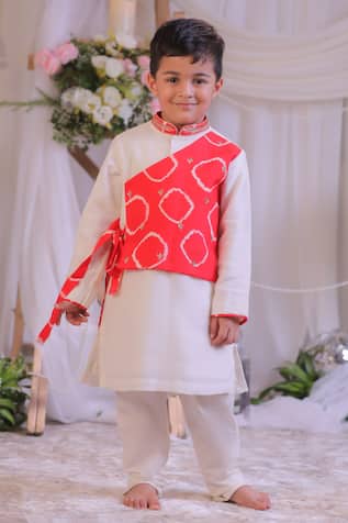 Lil Angels Red Bandhej Pattern Kurta Set 