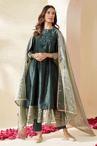 Mushio Royal Green Hand Embellished Chanderi Nazneen Kurta Set 
