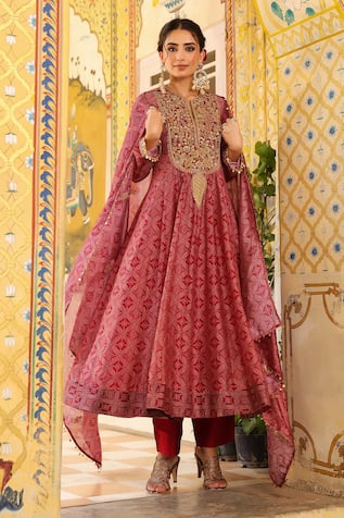 Label Niti Bothra Maroon Printed Anarkali Set 