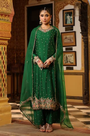 Label Niti Bothra Green Mayur Applique Embroidered Kurta Set 