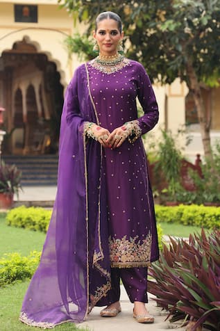 Label Niti Bothra Purple Mayur Applique Embroidered Kurta Set 