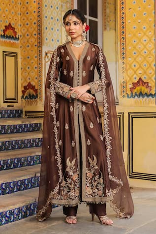 Label Niti Bothra Brown Jacket Anarkali Set 