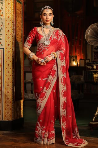 Label Niti Bothra Red Zardozi Embroidered Saree With Blouse 