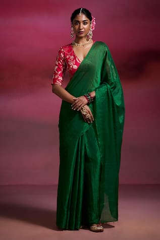 Dressfolk Tanu Emerald Green Handloom Tissue Saree with Running Blouse 