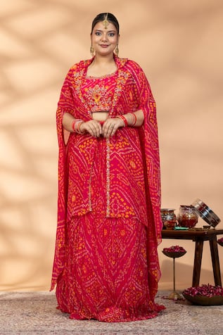 Mamicha Bandhej Embroidered Kurta Pant & Cape Set 