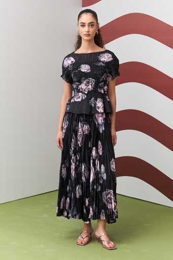 Pleats By Aruni Black Jasmin Printed Top & Skirt Set 